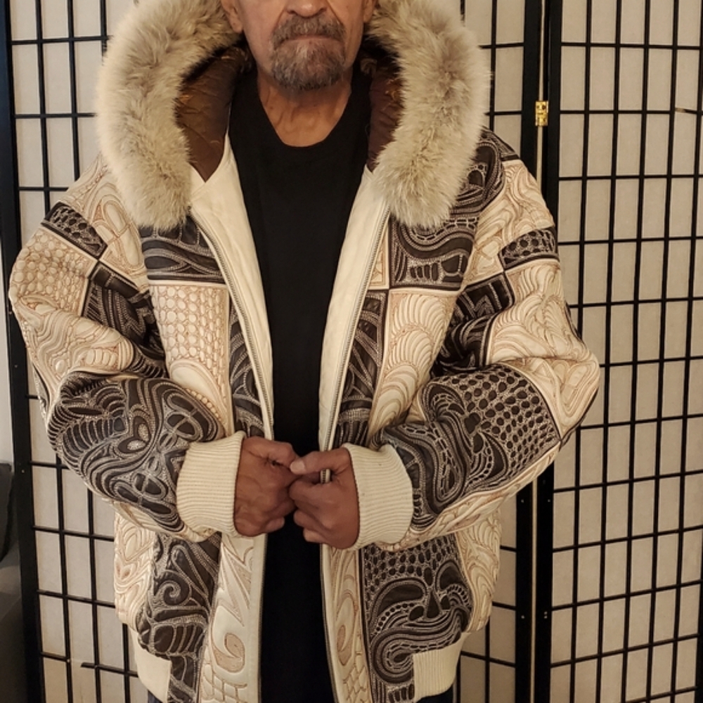 Rare Al Wissam Leather Bomber Jacket Viintage Embossed Tiki Design Men's Sz 54